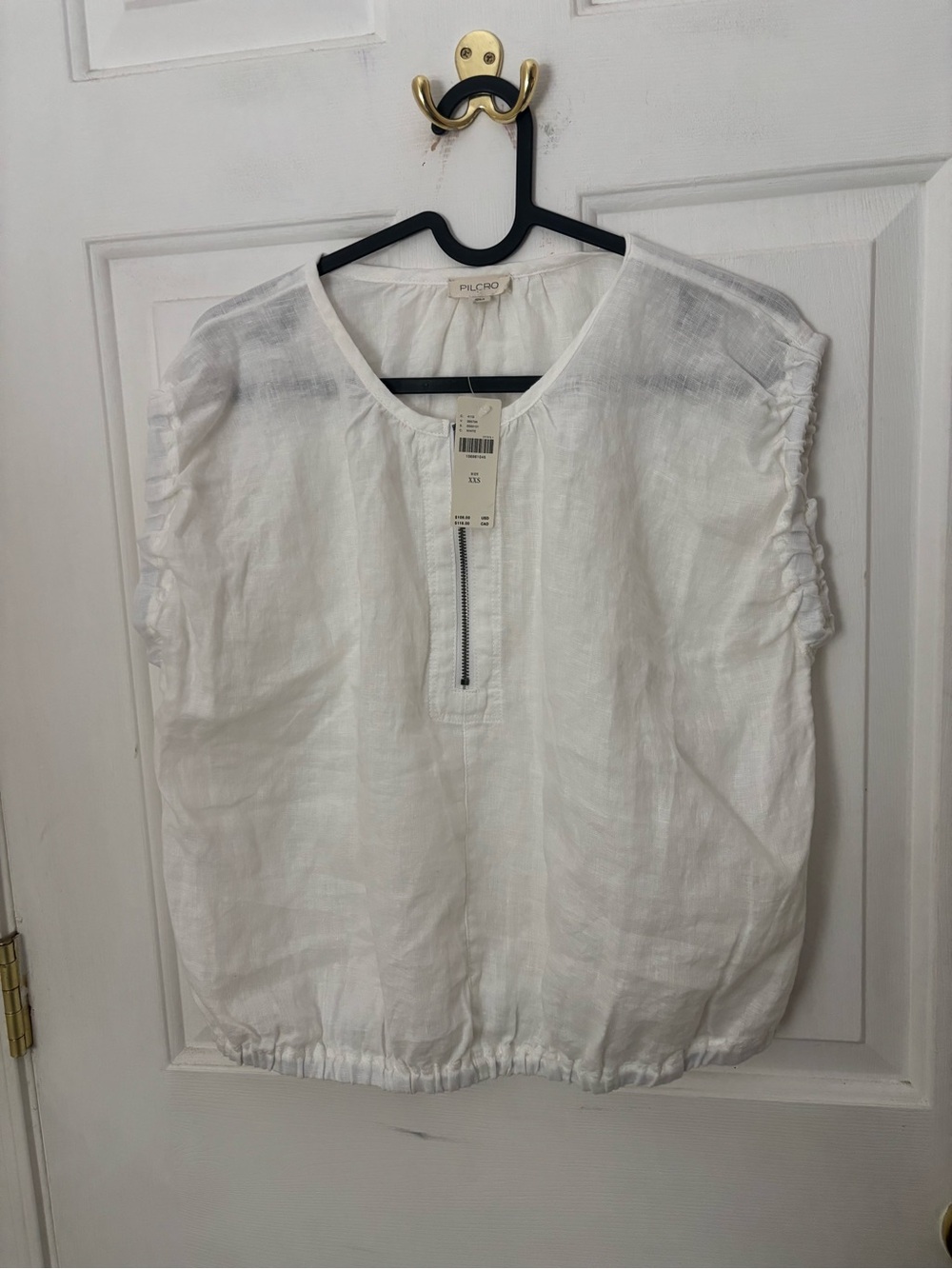 Pilcro White Linen Short-Sleeve Zip Front Top